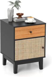 Gymax Modern Bedside Table Rattan Nightstand With Cabinet & Solid Wood Legs in Black