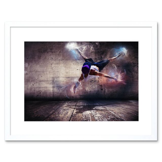 "Artery8 Wall Art Print Breakdancer Dancing Lights Framed in White - Size: W7"" x H9""" - image 1
