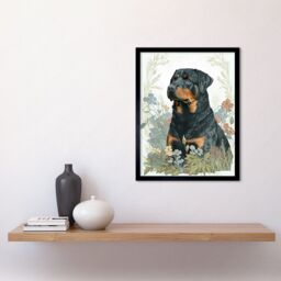 "Artery8 Wall Art Print Rottweiler Dog Sitting in Flower Field Modern Watercolour Art Framed in Black - Size: W12"" x H16""" - thumbnail 2