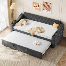 BTM Grey Linen Daybed with Charging, Armrest Storage & Trundle - Size: Single - thumbnail 4