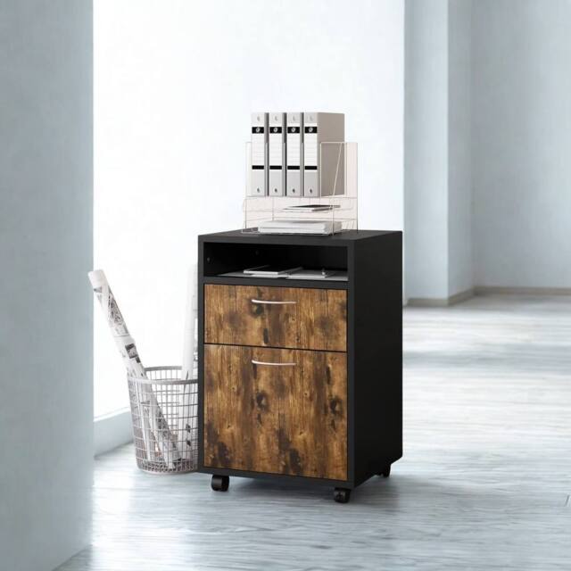 FURNOS 2 Drawer Portable Rolling Filing Cabinet With Shelf in Brown - image 1