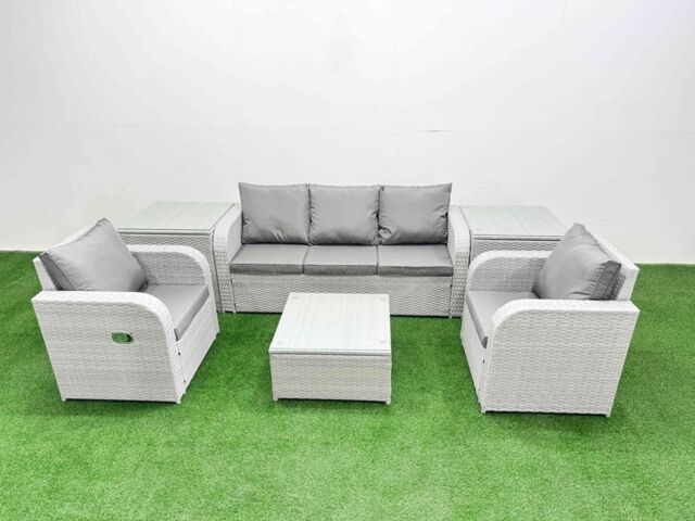 Fimous PE Rattan Garden Furniture Set Reclining Chair Sofa Lounge Sofa Set Square Coffee Table 2 Side Table Light Grey - image 1