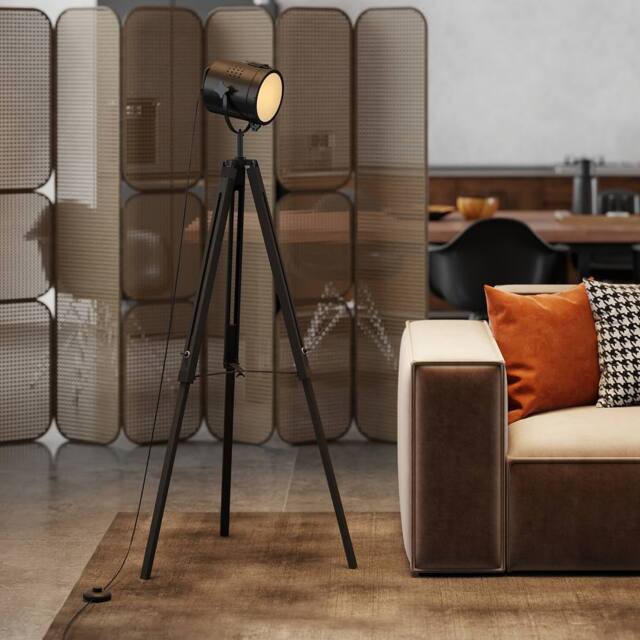 HOMCOM Industrial Tripod Floor Lamp Wood Height Adjustable Spotlight, Black - Size: 140 cm - image 1