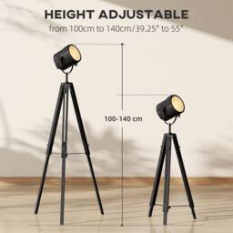 HOMCOM Industrial Tripod Floor Lamp Wood Height Adjustable Spotlight, Black - Size: 140 cm - thumbnail 4