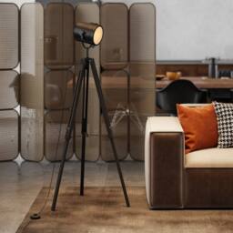 HOMCOM Industrial Tripod Floor Lamp Wood Height Adjustable Spotlight, Black - Size: 140 cm - thumbnail 1