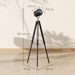 HOMCOM Industrial Tripod Floor Lamp Wood Height Adjustable Spotlight, Black - Size: 140 cm - thumbnail 3
