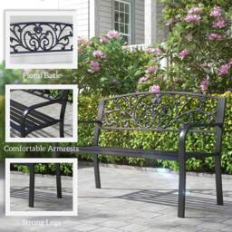 OUTSUNNY Metal Garden Bench 2 Seater Porch Patio Park Chair Seat Outdoor Relax in Black - thumbnail 6