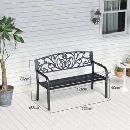 OUTSUNNY Metal Garden Bench 2 Seater Porch Patio Park Chair Seat Outdoor Relax in Black - thumbnail 3