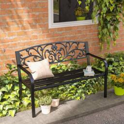 OUTSUNNY Metal Garden Bench 2 Seater Porch Patio Park Chair Seat Outdoor Relax in Black - thumbnail 1
