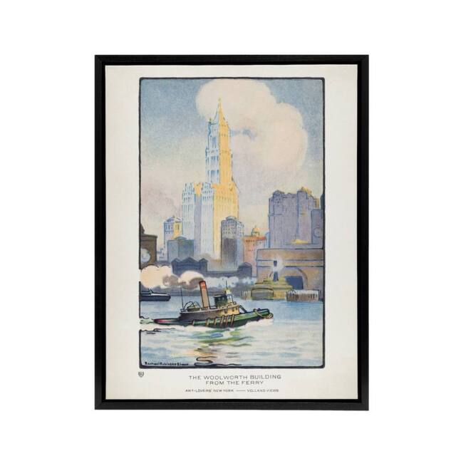 "Artery8 The Woolworth Building from the Ferry Elmer Framed Canvas Wall Art in White - Size: W12"" x H16""" - image 1