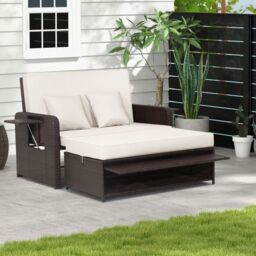 Costway Patio Wicker Loveseat Sofa w/ Multipurpose Ottoman in White - thumbnail 2