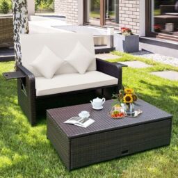 Costway Patio Wicker Loveseat Sofa w/ Multipurpose Ottoman in White - thumbnail 5