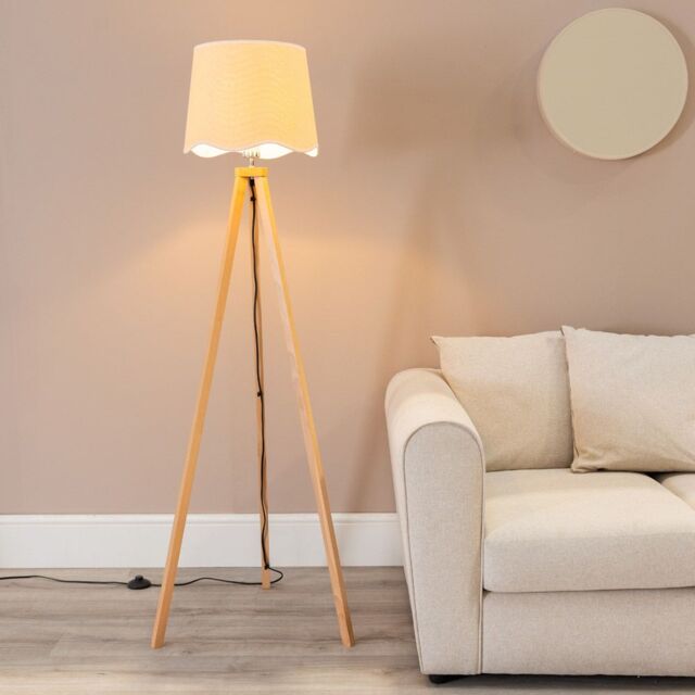 ValueLights Barbro Light Wood Tripod Floor Lamp with Natural Linen Scallop Edge Shade in White - image 1
