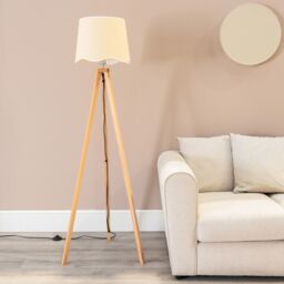 ValueLights Barbro Light Wood Tripod Floor Lamp with Natural Linen Scallop Edge Shade in White - thumbnail 3