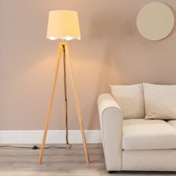 ValueLights Barbro Light Wood Tripod Floor Lamp with Natural Linen Scallop Edge Shade in White - thumbnail 1