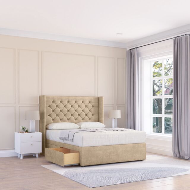"Sloomy Dior Coniston Wingback Bed Set, 2 Drawers & 54"" Floor Standing Headboard in Cream - Size: Super King" - image 1
