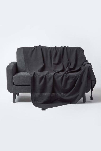 Homescapes Cotton Rajput Ribbed Throw in Black - Size: 225 cm x 255 cm - image 1