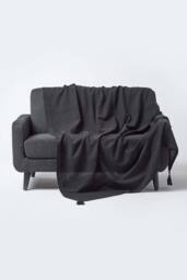 Homescapes Cotton Rajput Ribbed Throw in Black - Size: 225 cm x 255 cm