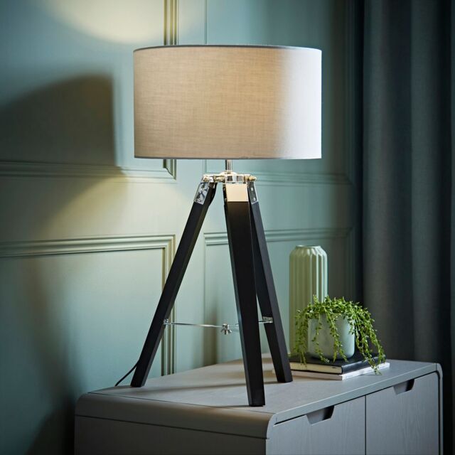 ValueLights Clipper Black Wood Tripod Table Lamp With Medium Grey Shade - image 1