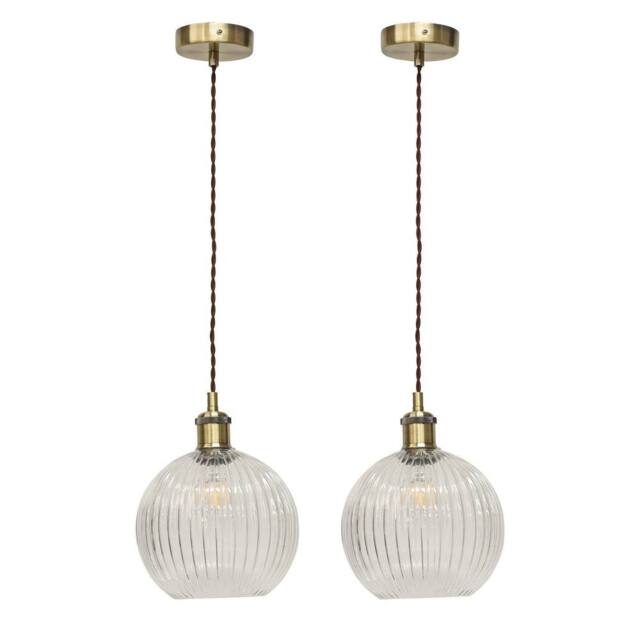 First Choice Lighting Set of 2 Betchley - Clear Ribbed Globe Antique Brass Light Fittings - image 1