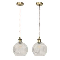 First Choice Lighting Set of 2 Betchley - Clear Ribbed Globe Antique Brass Light Fittings