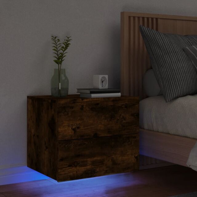 Berkfield Home Wall-mounted Bedside Cabinet with LED Lights Smoked Oak in Brown - image 1