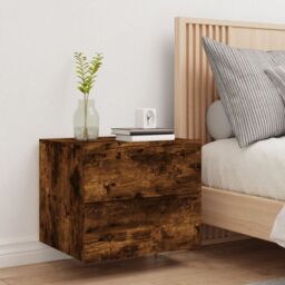 Berkfield Home Wall-mounted Bedside Cabinet with LED Lights Smoked Oak in Brown - thumbnail 4