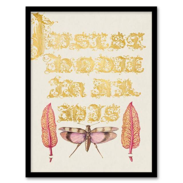 Artery8 Model Book of Calligraphy Framed Wall Art Chard & Red Winged Grasshopper in Gold - Size: A4 - image 1