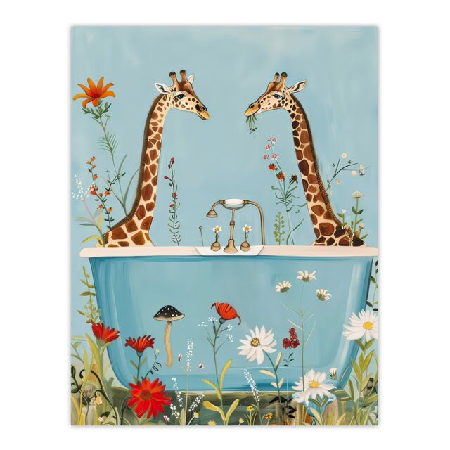 "Artery8 Giraffe Bath Time Surreal Floral Nature Painting Wall Art Print in Blue - Size: W18"" x H24""" - image 1
