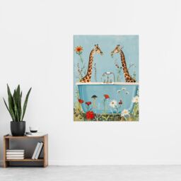 "Artery8 Giraffe Bath Time Surreal Floral Nature Painting Wall Art Print in Blue - Size: W18"" x H24""" - thumbnail 4