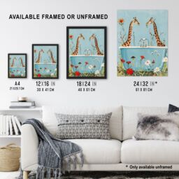"Artery8 Giraffe Bath Time Surreal Floral Nature Painting Wall Art Print in Blue - Size: W18"" x H24""" - thumbnail 3