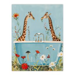 "Artery8 Giraffe Bath Time Surreal Floral Nature Painting Wall Art Print in Blue - Size: W18"" x H24""" - thumbnail 1