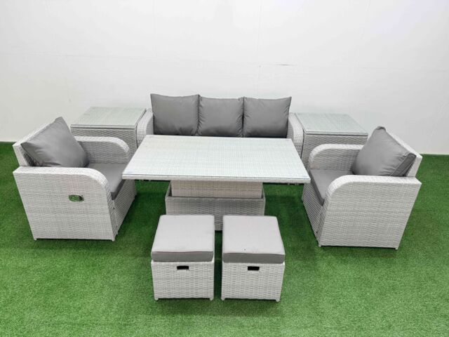 Fimous PE Rattan Garden Furniture Set Reclining Chair Sofa Lounge Sofa Set Adjustable Lifting Dining or Coffee Table 2 Side Table 2 Small Stools - image 1