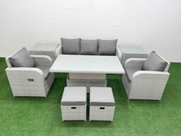 Fimous PE Rattan Garden Furniture Set Reclining Chair Sofa Lounge Sofa Set Adjustable Lifting Dining or Coffee Table 2 Side Table 2 Small Stools - thumbnail 1