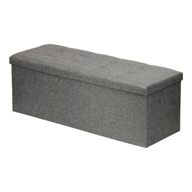 Harbour Housewares Large Foldable Storage Ottoman Bench Linen Finish - 111 x 37 x 39cm in Grey - Size: 111 x 37 x 39 cm - image 1