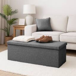 Harbour Housewares Large Foldable Storage Ottoman Bench Linen Finish - 111 x 37 x 39cm in Grey - Size: 111 x 37 x 39 cm - thumbnail 6