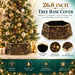 Shatchi 26.8 Inch Hexagon Christmas Tree Collar in Silver Sequin Fabric Foldable Festive Cover in Gold - thumbnail 7