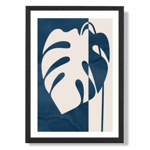 ARTZE Navy Blue Monstera Mid Century Tropical Framed Print SIZE: A4 with Black Frame - image 1