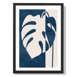 ARTZE Navy Blue Monstera Mid Century Tropical Framed Print SIZE: A4 with Black Frame - thumbnail 1