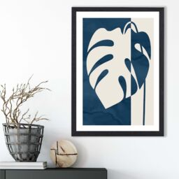 ARTZE Navy Blue Monstera Mid Century Tropical Framed Print SIZE: A4 with Black Frame - thumbnail 2