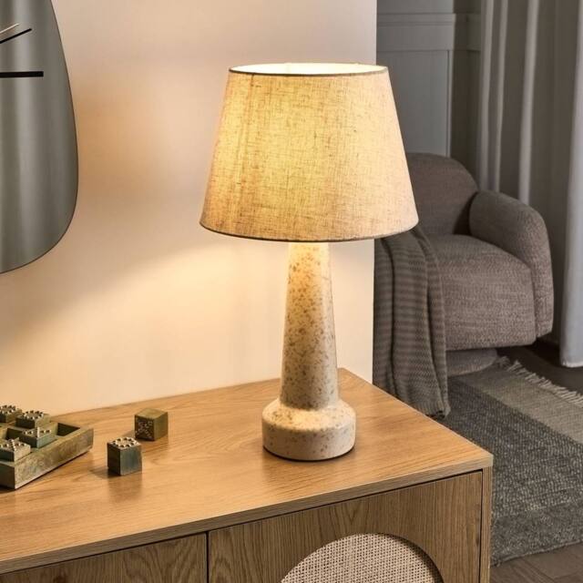 Wyld and Coco Table Lamp Beige Ceramic Base Blue Speckle Drum Faux Linen Shade - image 1