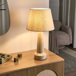 Wyld and Coco Table Lamp Beige Ceramic Base Blue Speckle Drum Faux Linen Shade - thumbnail 1
