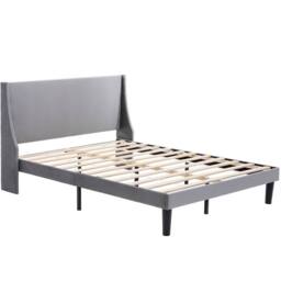 ModernLuxe Velvet upholstered double bed with winged headboard & wood slats in Grey - thumbnail 6