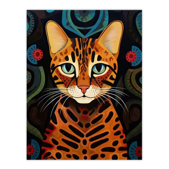 "Artery8 Wall Art Print Mischievous Bengal Cat Orange Blue Green Oil Painting with Abstract Botanical Patterns Poster - Size: W18"" x H24""" - image 1