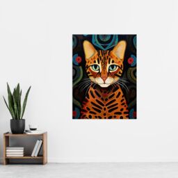 "Artery8 Wall Art Print Mischievous Bengal Cat Orange Blue Green Oil Painting with Abstract Botanical Patterns Poster - Size: W18"" x H24""" - thumbnail 4