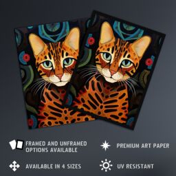 "Artery8 Wall Art Print Mischievous Bengal Cat Orange Blue Green Oil Painting with Abstract Botanical Patterns Poster - Size: W18"" x H24""" - thumbnail 2