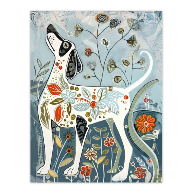 "Artery8 Spring Flower Garden Dog Lover Fun Folk Art Wall Art Print in Blue - Size: W24"" x H32""" - image 1