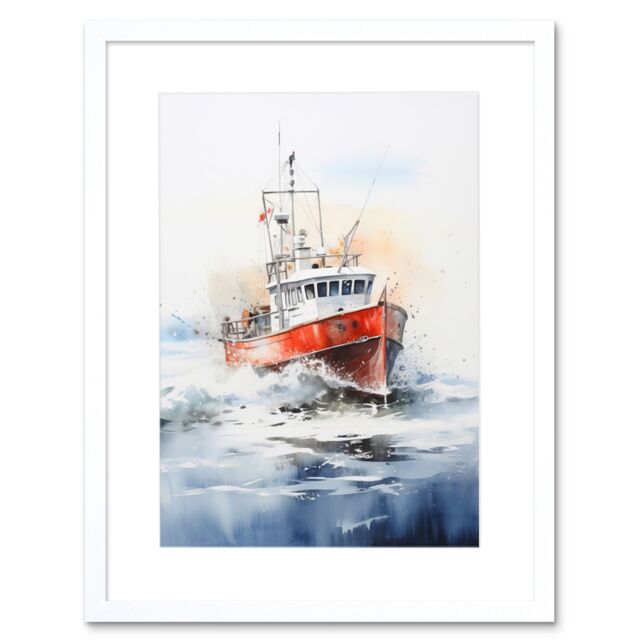 Artery8 Wall Art Print Trawler Fishing Boat Watercolour Painting Red Blue Rough Sea Fishermen Waves Seascape Artwork Framed 9X7 Inch - image 1