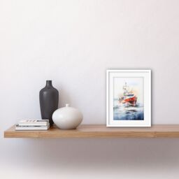 Artery8 Wall Art Print Trawler Fishing Boat Watercolour Painting Red Blue Rough Sea Fishermen Waves Seascape Artwork Framed 9X7 Inch - thumbnail 2