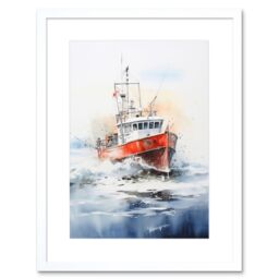 Artery8 Wall Art Print Trawler Fishing Boat Watercolour Painting Red Blue Rough Sea Fishermen Waves Seascape Artwork Framed 9X7 Inch - thumbnail 1